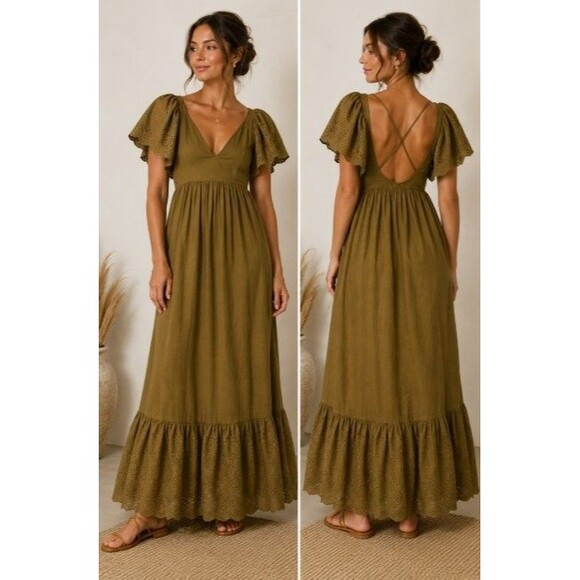 En Saison Dresses & Skirts - En Saison Hayley Flounced Maxi Dress Olive Eyelet Flutter Sleeve Size Medium